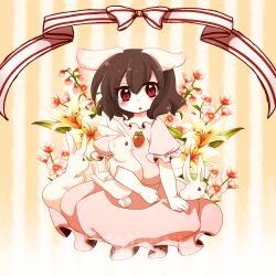 1girl :o animal_ears brown_hair rabbit rabbit_ears carrot dress female_focus flower highres inaba_tewi open_mouth red_eyes s-s_(ss) short_hair solo touhou