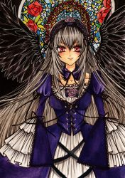 Rule 34 | 1girl, dress, feathered wings, flower, highres, koyuchi567, long hair, looking at viewer, red eyes, red flower, red rose, ribbon, rose, rozen maiden, silver hair, smile, solo, suigintou, traditional media, very long hair, wings
