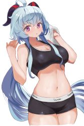 Rule 34 | 1girl, ahoge, bare arms, bare shoulders, black shorts, blue hair, breasts, character name, cleavage, clothes writing, commentary request, cowboy shot, crop top, dougaku (passionpit777), ganyu (genshin impact), genshin impact, hair between eyes, hands up, highres, holding, holding towel, horns, large breasts, long hair, looking at viewer, midriff, navel, parted lips, purple eyes, short shorts, shorts, simple background, solo, sports bra, standing, stomach, thighs, towel, very long hair, white background