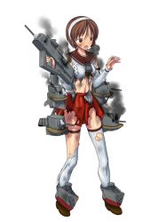 Rule 34 | 10s, 1girl, bow, brown eyes, brown hair, detached sleeves, full body, gun, hair bow, holding, holding gun, holding weapon, kantai collection, natori (kancolle), official art, open mouth, pleated skirt, red skirt, shirt, short hair, skirt, solo, thighhighs, torn clothes, torn shirt, torn skirt, torn thighhighs, transparent background, weapon, white thighhighs