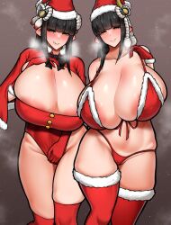 Rule 34 | 2girls, areola slip, breasts, bursting breasts, christmas, cleavage, cleavage cutout, clothing cutout, covering privates, covering crotch, fur trim, gorio4288, hat, highres, hinoa, huge breasts, minoto, monster hunter (series), monster hunter rise, multiple girls, navel, panties, santa costume, santa hat, thighhighs, underwear