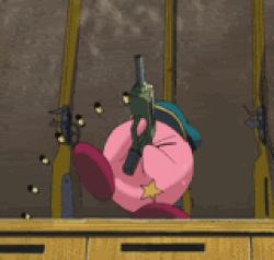 Rule 34 | animated, animated gif, badge, bullet, firing, gun, hat, kirby, kirby (series), lowres, nintendo, police, police hat, police uniform, policeman, shell casing, uniform, weapon