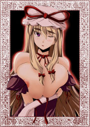 Rule 34 | 1girl, blonde hair, bow, breasts squeezed together, breasts, elbow gloves, eyebrows, female focus, gloves, hat, highres, huge breasts, long hair, one eye closed, purple eyes, solo, stiel, suteru (stiel), thick eyebrows, touhou, white gloves, wince, wink, yakumo yukari