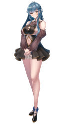 Rule 34 | 1girl, absurdres, bare shoulders, blue hair, blush, braid, breasts, brown eyes, cleavage, clothing cutout, dress, frilled sleeves, frills, full body, head tilt, highres, large breasts, long hair, long legs, long sleeves, looking at viewer, mole, mole under eye, navel, navel cutout, numaguro (tomokun0808), original, pout, shoes, short dress, shoulder cutout, side braid, simple background, solo, standing, white background