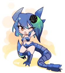 Rule 34 | 1girl, blue hair, brachydios, ceroblitz, commission, dragon girl, dragon horns, dragon tail, highres, horns, midriff, monster hunter (series), navel, personification, tail, yellow eyes