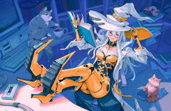 Rule 34 | 1girl, absurdres, book, breasts, cat, cleavage, coffee, cyberpunk, cyborg, feet on table, glasses, hat, high heels, highres, holding, holding book, keyboard (computer), long hair, looking at viewer, medium breasts, monitor, original, smile, wenfei ye, white hair, witch, witch hat, yellow eyes