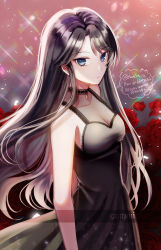 Rule 34 | 1girl, 723/nanahumi, bad id, bad pixiv id, bare arms, bare shoulders, black dress, black hair, blue eyes, breasts, cleavage, closed mouth, collarbone, commission, covered collarbone, dress, flower, highres, long hair, looking at viewer, medium breasts, original, pixiv id, pleated dress, red flower, red rose, rose, see-through, see-through cleavage, sleeveless, sleeveless dress, solo, sparkle, twitter username, very long hair, watermark