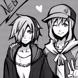 Rule 34 | 1boy, 1girl, age switch, aged down, aged up, altorav, baseball cap, bitou daisukenojou, bitou raimu, black hoodie, brother and sister, chain, chain necklace, closed mouth, eyebrows, hair over one eye, hat, headphones, heart, hood, hoodie, jewelry, long hair, necklace, one eye closed, shin subarashiki kono sekai, shirt, siblings, smile, subarashiki kono sekai, sweatdrop, upper body, v, white shirt, wink