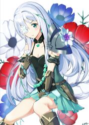 1girl absurdres anemone_(flower) anemone_(princess_connect!) armor belt between_legs black_collar breasts brown_belt brown_gloves choker cleavage collar detached_collar dress feathermage flower flower_eyepatch flower_over_eye gloves green_dress green_eyes green_skirt grey_flower hand_between_legs highres holding holding_flower long_hair pauldrons princess_connect! scabbard sheath shoulder_armor single_pauldron skirt small_breasts solo star_(symbol) star_choker straight_hair very_long_hair white_hair