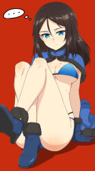 Rule 34 | ..., 1girl, absurdres, ada badguy, ass, bikini, blue bikini, blue eyes, blush, breasts, brown hair, capelet, cleavage, closed mouth, girls und panzer, highres, large breasts, long hair, looking at viewer, nonna (girls und panzer), red background, simple background, solo, swimsuit