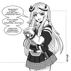Rule 34 | 1girl, arknights, bagpipe (arknights), bee (user cwsv3353), cowboy shot, dragon horns, english text, food, highres, holding, holding food, holding sandwich, horns, long hair, long sleeves, looking at viewer, monochrome, open mouth, sandwich, smile, solo, speech bubble, twitter username, upper body