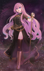 Rule 34 | 1girl, :d, asymmetrical sleeves, black shirt, black skirt, black thighhighs, blue eyes, blue nails, boots, brown footwear, covered navel, cross-laced footwear, floating hair, full body, hair between eyes, headphones, headset, highres, holding, holding microphone stand, lace-up boots, long hair, long skirt, looking at viewer, megurine luka, microphone, microphone stand, mizore akihiro, nail polish, open mouth, pink hair, see-through, shirt, short sleeves, side slit, skirt, smile, solo, standing, thighhighs, thighhighs under boots, uneven sleeves, very long hair, vocaloid, zettai ryouiki