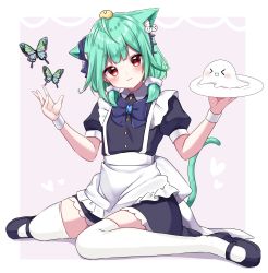 Rule 34 | 1girl, :d, absurdres, ahoge, alternate costume, animal ears, black footwear, black skirt, blue ribbon, blush, bow, bug, butterfly, cat ears, cat girl, cat tail, closed mouth, ear ribbon, enmaided, fandead (uruha rushia), flat chest, green hair, hair ornament, hair ribbon, heart, heart-shaped pupils, highres, holding, holding plate, hololive, insect, looking at viewer, low twintails, maid, mary janes, medium hair, miniskirt, open mouth, piyoko (uruha rushia), plate, pom pom (clothes), pom pom hair ornament, puffy short sleeves, puffy sleeves, red eyes, ribbon, shinonome asu, shoes, short sleeves, short twintails, skirt, skull hair ornament, smile, solo, symbol-shaped pupils, tail, thighhighs, twintails, uruha rushia, virtual youtuber, white thighhighs, wrist cuffs