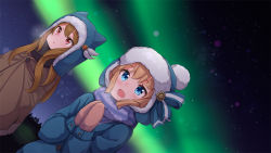 Rule 34 | 2girls, :d, ame., animal ears, animal hat, aurora, azur lane, beanie, blonde hair, blue eyes, blue headwear, blue jacket, blush, breath, brown hair, brown mittens, commentary request, dutch angle, fake animal ears, fringe trim, hands up, hardy (azur lane), hat, hunter (azur lane), jacket, long hair, long sleeves, mittens, multiple girls, night, night sky, open mouth, outdoors, own hands together, parted lips, red eyes, sky, smile, star (sky), starry sky, upper body