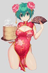 Rule 34 | 1girl, absurdres, bad id, bad twitter id, bamboo steamer, baozi, breasts, character request, cleavage, contrapposto, cowboy shot, cropped legs, dress, floral print, flower, folding fan, food, genderswap, genderswap (mtf), green eyes, green hair, hair between eyes, hair flower, hair ornament, hand fan, highres, holding, holding fan, holding tray, keroro gunsou, looking at viewer, medium breasts, mimoza (96mimo414), no panties, pelvic curtain, pink flower, red dress, short hair, thighs, tray