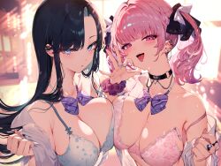 Rule 34 | 2girls, :d, absurdres, asymmetrical bangs, asymmetrical docking, black choker, black hair, blue bow, blue bowtie, blue eyes, blurry, blurry background, blush, bow, bowtie, bra, breast press, breasts, choker, depth of field, ear piercing, fellatio gesture, fingernails, floral print, hair over shoulder, hair ribbon, head tilt, highres, indoors, jewelry, kat (bu-kunn), large breasts, long hair, looking at viewer, mole, mole on breast, multiple girls, multiple rings, nail polish, off shoulder, open clothes, open mouth, open shirt, original, parted lips, piercing, pink bra, pink eyes, pink hair, pink nails, ribbon, ring, scrunchie, shirt, short sleeves, sidelocks, smile, strap gap, strap slip, sweat, teeth, tongue, tongue out, twintails, underwear, undressing, upper body, upper teeth only, white shirt, wrist scrunchie