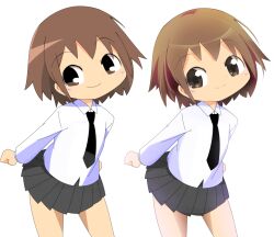 Rule 34 | 1girl, black skirt, brown eyes, brown hair, closed mouth, commentary request, cowboy shot, flat chest, kill me baby, leaning forward, lets0020, long sleeves, looking at viewer, medium bangs, necktie, oribe yasuna, pleated skirt, shirt, short hair, simple background, skirt, smile, white background, white shirt