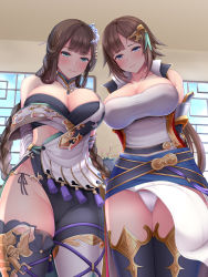 Rule 34 | 2girls, absurdres, arms behind back, blue eyes, blunt bangs, blush, braid, breasts, brown hair, cameltoe, cleavage, collarbone, covered erect nipples, granblue fantasy, green eyes, highres, large breasts, leona (granblue fantasy), loincloth, long hair, looking at viewer, looking down, melopun, multiple girls, panties, shura (granblue fantasy), side-tie panties, smile, underwear, very long hair