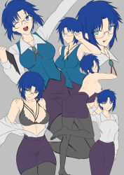 Rule 34 | 1girl, absurdres, axia-chan, bandaid, bandaids on nipples, black bra, black pantyhose, blue eyes, blue hair, bra, breasts, ciel (tsukihime), glasses, highres, large breasts, long sleeves, looking at viewer, melty blood, open clothes, open shirt, pantyhose, pasties, shirt, short hair, simple background, skirt, smile, tsukihime, underwear, white shirt