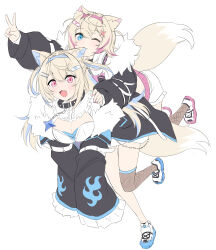 Rule 34 | 2girls, :3, :d, absurdres, animal ears, belt collar, biting, black collar, black jacket, blonde hair, blue eyes, blue hair, breasts, carrying, cleavage, closed mouth, collar, cropped jacket, cropped shirt, dog ears, dog girl, dress, ear biting, fang, felutiahime, fur-trimmed jacket, fur trim, fuwawa abyssgard, fuwawa abyssgard (1st costume), hair ornament, hairpin, headphones, headphones around neck, highres, hololive, hololive english, jacket, large breasts, long hair, medium hair, mococo abyssgard, mococo abyssgard (1st costume), multicolored hair, multiple girls, nail polish, open mouth, piggyback, pink eyes, pink nails, shirt, shoes, short shorts, shorts, siblings, sisters, small breasts, smile, sneakers, spiked collar, spikes, streaked hair, twins, v, virtual youtuber, white dress, white footwear, white shirt, white shorts, x hair ornament
