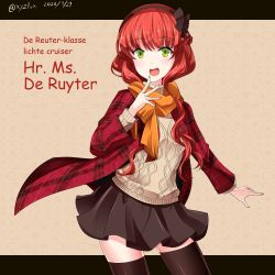 Rule 34 | 1girl, :d, aran sweater, black bow, black hairband, black skirt, black thighhighs, blush, bow, braid, brown sweater, brown thighhighs, cable knit, character name, comic sans, commentary request, dated, de ruyter (kancolle), green eyes, hair bow, hairband, hebitsukai-san, highres, jacket, kantai collection, letterboxed, long hair, long sleeves, looking at viewer, open clothes, open jacket, open mouth, orange scarf, plaid, plaid jacket, pleated skirt, red hair, red jacket, scarf, skirt, smile, solo, sweater, thighhighs, twitter username