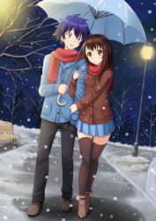 Rule 34 | 10s, 1boy, 1girl, ankle boots, bare tree, bench, black pants, blue hair, blue skirt, blush, boots, brown eyes, brown footwear, brown hair, brown thighhighs, buttons, coat, couple, fir tree, hair ornament, hand in pocket, hetero, highres, holding, holding another&#039;s arm, holding own arm, holding umbrella, ichijou raku, kazenokaze, lamppost, light, long sleeves, nisekoi, onodera kosaki, open mouth, outdoors, pants, park, park bench, plant, pleated skirt, pocket, purple eyes, red scarf, scarf, shared umbrella, skirt, smile, snow, snowflakes, snowing, thigh gap, thighhighs, tree, umbrella, wavy mouth, winter, x hair ornament, zettai ryouiki