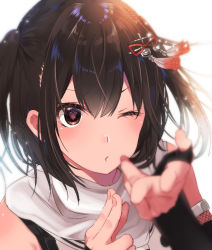 Rule 34 | 1girl, blurry, brown eyes, brown hair, depth of field, hair between eyes, hair ornament, heart, heart-shaped pupils, kantai collection, looking at viewer, rinto (rint rnt), sendai (kancolle), sendai kai ni (kancolle), short hair, simple background, solo, symbol-shaped pupils, two side up, upper body, white background