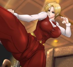 Rule 34 | 1girl, blonde hair, blue eyes, breasts, fighting stance, foreshortening, formal, kicking, king (snk), large breasts, mokusa, pant suit, pants, ryuuko no ken, shirt, short hair, snk, solo, suit, the king of fighters, tight clothes, tight shirt, vest