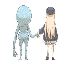 Rule 34 | 1girl, 1other, abigail williams (fate), black dress, black headwear, blonde hair, bloodborne, blue skin, celestial minion, colored skin, creature, crossover, dress, facing away, fate/grand order, fate (series), from behind, hat, holding hands, kankan33333, long hair, long sleeves, simple background, white background