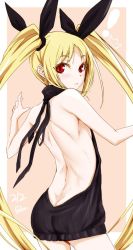 Rule 34 | !, 1girl, ass, backless dress, backless outfit, bare back, bare shoulders, beige background, black ribbon, black sweater, blazblue, blonde hair, blush, border, breasts, butt crack, cowboy shot, dress, from behind, hair ribbon, halterneck, long hair, looking at viewer, looking back, meme attire, mori toshimichi, naked sweater, parted lips, rachel alucard, red eyes, ribbed sweater, ribbon, simple background, slit pupils, small breasts, solo, sweater, sweater dress, turtleneck, turtleneck sweater, twintails, twintails day, very long hair, virgin killer sweater, white border
