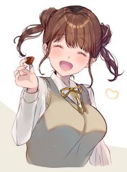 Rule 34 | 1girl, ^ ^, ^o^, blush, breasts, brown hair, chocolate, closed eyes, cropped torso, double bun, closed eyes, food, hair bun, heart, heart print, highres, holding, holding chocolate, holding food, idolmaster, idolmaster shiny colors, large breasts, neck ribbon, nihe p, ribbon, school uniform, shirt, simple background, smile, solo, sonoda chiyoko, twintails, two-tone background, upper body, vest, white shirt