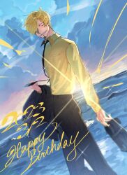 Rule 34 | 1boy, ^ ^, absurdres, black footwear, black pants, blonde hair, blue sky, blue theme, cigarette, closed eyes, curly eyebrows, facial hair, grin, hair over one eye, hand up, happy, happy birthday, highres, holding, holding clothes, holding shoes, long sleeves, male focus, necktie, ocean, one piece, pants, sanji (one piece), shirt, shoes, short hair, sky, smile, solo, tokoni fusu, yellow shirt
