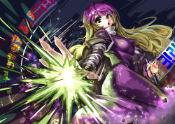 Rule 34 | 1girl, :o, blurry, breasts, depth of field, dress, foreshortening, gradient hair, hijiri byakuren, long hair, long sleeves, looking at viewer, magic, multicolored hair, open mouth, outstretched hand, purple dress, rock, solo, sorcerer&#039;s sutra scroll, touhou, umigarasu (kitsune1963), very long hair