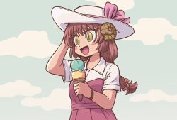 Rule 34 | alternate hairstyle, cloud, cloudy sky, fate/grand order, fate (series), food, highres, ice cream, learning with manga! fgo, long hair, mary anning (fate), official art, riyo (lyomsnpmp), sky, smile, white headwear, yellow eyes