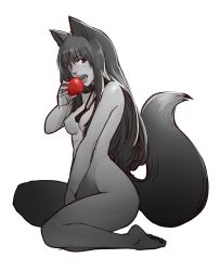Rule 34 | 1girl, animal ears, apple, barefoot, breasts, eating, food, from side, fruit, full body, greyscale, highres, holding, holding food, holding fruit, holo, less, long hair, looking at viewer, medium breasts, monochrome, nude, open mouth, simple background, sitting, solo, spice and wolf, spot color, tail, white background, wolf ears, wolf tail