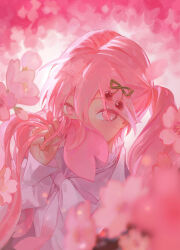 Rule 34 | 1girl, absurdres, backlighting, blurry, bud, cherry blossoms, cherry hair ornament, covering own mouth, depth of field, eyelashes, fingernails, flower, food-themed hair ornament, gradient ribbon, green ribbon, hair between eyes, hair ornament, hair ribbon, hand up, hatsune miku, high collar, highres, holding, holding hair, isansia, light particles, long hair, long sleeves, looking at viewer, motion blur, neck ribbon, no headwear, parted bangs, pink eyes, pink flower, pink hair, pink nails, pink ribbon, pink theme, puffy long sleeves, puffy sleeves, ribbon, sakura miku, sakura miku (rella), shirt, sidelighting, solo, tsurime, twintails, upper body, very long hair, vocaloid, wavy hair, white ribbon, white shirt