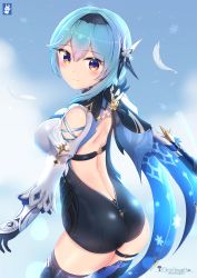 Rule 34 | 1girl, aqua hair, ass, bare shoulders, blush, breasts, cape, chinchongcha, eula (genshin impact), from behind, genshin impact, gloves, hairband, highres, large breasts, leotard, long hair, looking at viewer, shiny clothes, shiny skin, sideboob, smile, solo, thighhighs, yellow eyes