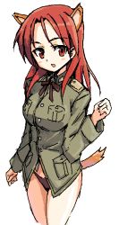Rule 34 | 00s, 1girl, animal ears, formal, kuropan (crow panther), kurou (artist), military, military uniform, minna-dietlinde wilcke, no pants, oekaki, open mouth, panties, red eyes, red hair, ribbon, simple background, solo, strike witches, tail, underwear, uniform, white background, wolf ears, wolf tail, world witches series