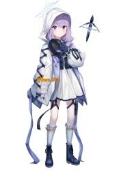 Rule 34 | 1girl, atsuko (blue archive), beko (beco 1122), black footwear, black gloves, blue archive, boots, closed mouth, dress, frilled socks, frills, full body, gloves, highres, holding, holding mask, hood, hood up, hooded jacket, jacket, long hair, long sleeves, mask, open clothes, open jacket, purple hair, red eyes, simple background, socks, solo, white background, white dress, white jacket, white socks