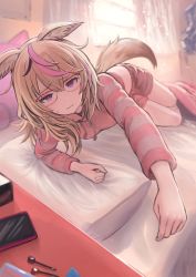Rule 34 | 1girl, animal ear fluff, animal ears, arm support, blanket, blush, breasts, cellphone, closed mouth, commentary request, curtains, day, enumiyaa, furrowed brow, glasses, hair between eyes, highres, hololive, hood, hoodie, indoors, light brown hair, long hair, long sleeves, looking at viewer, lying, midriff, multicolored hair, omaru polka, on bed, on side, outstretched arm, pajamas, phone, pink hoodie, pink shorts, purple eyes, shorts, small breasts, smartphone, solo, streaked hair, striped clothes, striped hoodie, sweat, table, tail, virtual youtuber, wall, wavy mouth, window