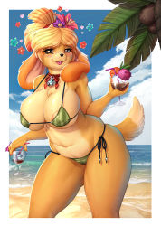 Rule 34 | 1girl, absurdres, animal crossing, areola slip, bare shoulders, beach, bikini, blonde hair, blush, border, breasts, brown eyes, cameltoe, choker, cloud, cocktail, colorized, cowboy shot, curvy, day, flower, furry, furry female, green bikini, hair flower, hair ornament, highres, isabelle (animal crossing), large breasts, longinius, looking at viewer, navel, nintendo, open mouth, outdoors, palm tree, side-tie bikini bottom, sky, smile, solo, swimsuit, tail, teeth, tongue, tree, upper teeth only, vest816, white border, wide hips