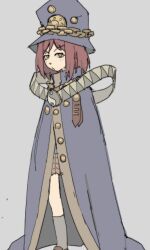 Rule 34 | 1girl, blue hat, blush, boogiepop, boogiepop (character), brown footwear, cape, cosplay, flcl, hat, highres, pantsu-ripper, red hair, samejima mamimi, simple background, skirt, solo, standing, white background