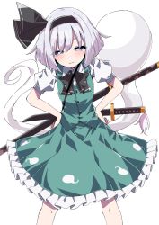 Rule 34 | 1girl, black bow, black bowtie, blue eyes, bob cut, bow, bowtie, bright pupils, commentary request, cropped legs, expressionless, green skirt, green vest, hair between eyes, hands on own hips, highres, konpaku youmu, konpaku youmu (ghost), leaning to the side, partial commentary, petticoat, puffy short sleeves, puffy sleeves, scabbard, sheath, sheathed, shirt, short hair, short sleeves, silver hair, simple background, skirt, solo, standing, sword, touhou, tsukimirin, vest, weapon, white background, white pupils, white shirt