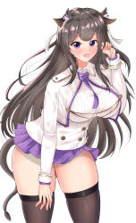 Rule 34 | 1girl, absurdres, animal ears, artist request, azur lane, breasts, brown hair, brown thighhighs, cow ears, cow girl, cow horns, cow tail, cropped jacket, highres, horns, jacket, kashino (azur lane), large breasts, looking at viewer, microskirt, purple eyes, purple skirt, shirt, simple background, skindentation, skirt, solo, tail, thighhighs, white background, white jacket, white shirt