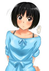Rule 34 | 1girl, amagami, arms behind back, black hair, blue bow, blue dress, blush, bob cut, bow, bra strap, breasts, brown eyes, collarbone, commentary, dress, dress bow, hair strand, head tilt, highres, jishaku (user rcuz2843), looking at viewer, motion lines, nervous, off-shoulder dress, off shoulder, pursed lips, simple background, small breasts, speech bubble, sweatdrop, tachibana miya, translated, upper body, white background