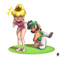 Rule 34 | 1boy, 1girl, ^^^, belt, big nose, blonde hair, blouse, blue belt, blue eyes, blue footwear, breasts, brown hair, buttons, cajarito, clenched hands, crown, earrings, facial hair, full body, gloves, golf club, green footwear, green gloves, green headwear, green shirt, half-closed eyes, hand on own chin, head tilt, highres, holding, holding golf club, jewelry, legs, lips, looking at ass, luigi, mario (series), mario golf, mario golf: super rush, medium breasts, medium hair, mustache, nintendo, panties, pants, pink footwear, pink gloves, pink panties, pink shirt, polo shirt, ponytail, princess peach, raised eyebrow, shadow, shirt, shirt tucked in, shoes, short sleeves, single glove, skirt, smile, smug, sneakers, standing, stroking own chin, underwear, visor cap, white footwear, white gloves, white panties, white skirt