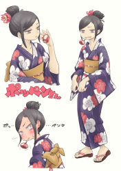 Rule 34 | 1girl, bags under eyes, between fingers, black hair, blush, brown eyes, character name, chiyo maru, collarbone, commentary request, cropped torso, floral print, flower, full-face blush, grin, hair bun, hair ornament, hair stick, heel up, holding, japanese clothes, kanzashi, kimono, long sleeves, looking back, mouth hold, multiple views, obi, obijime, original, pale skin, pink flower, poppen (toy), print kimono, purple kimono, sandals, sash, short hair, sidelocks, simple background, smile, swept bangs, turning head, white background, wide-eyed, wide sleeves, yukata, zouri