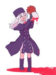 Rule 34 | 1boy, 1girl, bad end, bisected, blood, chibi, closed eyes, coat, death, fate/stay night, fate (series), fur hat, hat, highres, illyasviel von einzbern, long hair, open mouth, papakha, purple coat, purple headwear, saihara, scarf, sketch, smile, spoilers, white hair