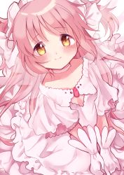 Rule 34 | 1girl, absurdres, blush, bow, closed mouth, commentary request, dress, facing viewer, frills, gloves, hair bow, highres, huge filesize, ichica nana sio, kaname madoka, long hair, looking at viewer, mahou shoujo madoka magica, mahou shoujo madoka magica (anime), pink hair, smile, solo, two side up, ultimate madoka, upper body, white bow, white dress, white gloves, wings, yellow eyes