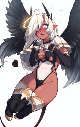 Rule 34 | 1girl, absurdres, ahoge, black footwear, black horns, black sleeves, black tail, black wings, blush, boots, breasts, capelet, commentary, cross-laced leotard, dark-skinned female, dark skin, demon girl, demon horns, demon tail, detached sleeves, embarrassed, english commentary, eyelashes, eyes visible through hair, fangs, feathered wings, flying sweatdrops, gloves, gold trim, gradient eyes, half gloves, halo, hands up, heart, heart ahoge, heart tail, highleg, highleg leotard, highres, horns, legs up, leotard, long hair, looking at viewer, medium breasts, mekrani, midair, multicolored eyes, open mouth, original, pointy ears, simple background, solo, sweatdrop, tail, teeth, thighhighs, thighhighs under boots, upper teeth only, wavy mouth, white background, white capelet, white gloves, white hair, white thighhighs, wings